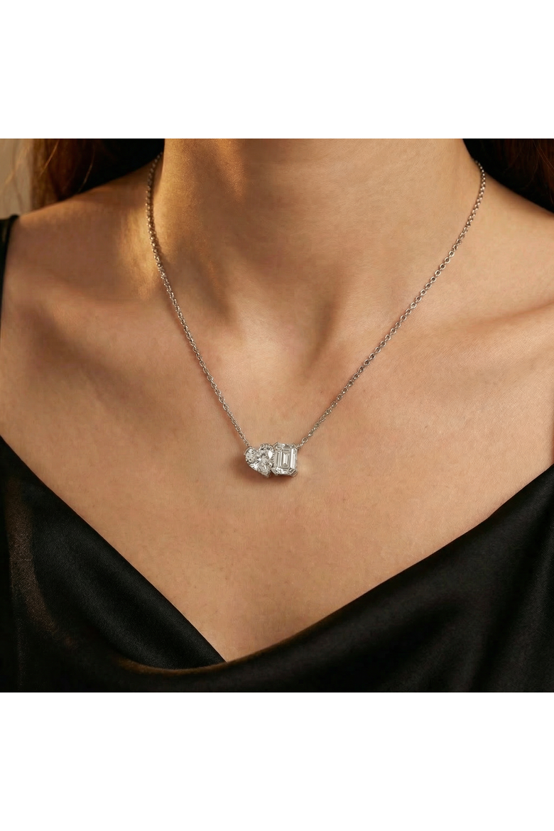 2Ct Toi Et Moi Heart Emerald Diamond Pendant 14k Gold 18" Necklace Lab Grown, Alternate, color, White Gold