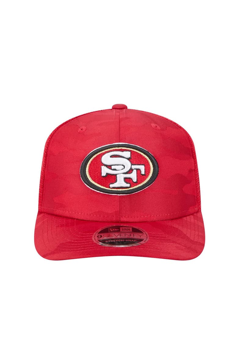 Men's New Era Scarlet San Francisco 49ers Adventure Camo Trucker 9SEVENTY Stretch-Snap Adjustable Hat, Alternate, color, Scarlet