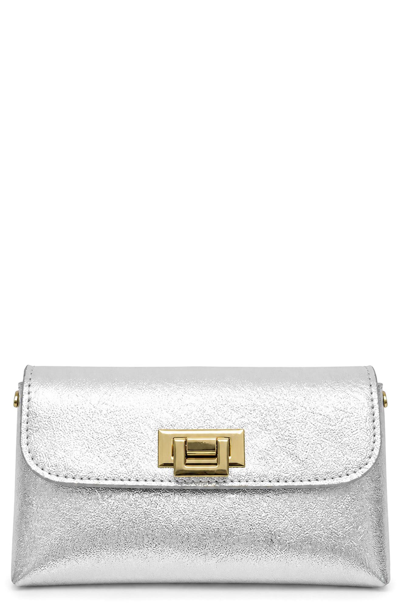 Cecilia Metallic Leather Clutch, Main, color, SILVER