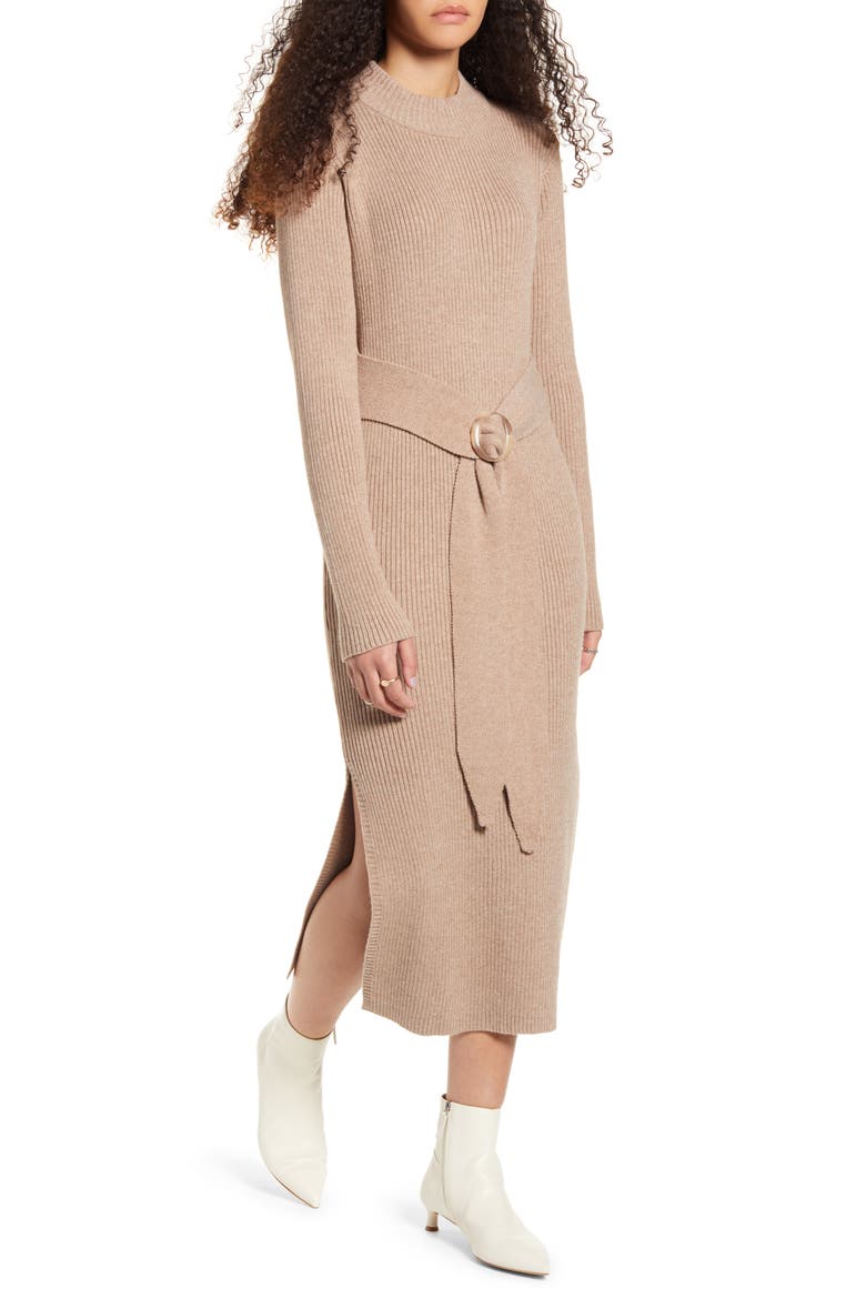 Long Sleeve Belted Sweater Dress, Main, color, OATMEAL
