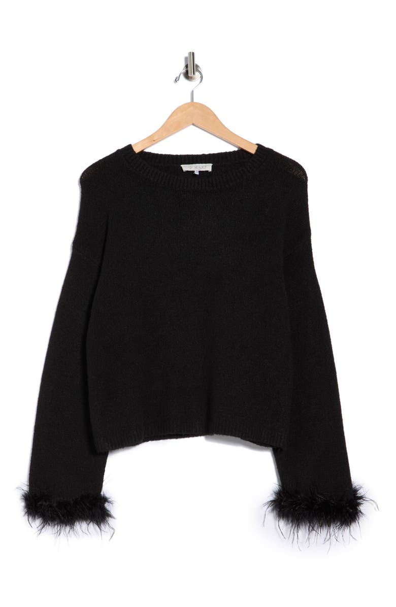 WAYF Feather Trim Sweater, Main, color, Black