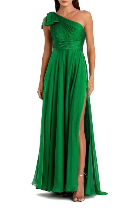 Petite Pleated One Shoulder Chiffon Gown