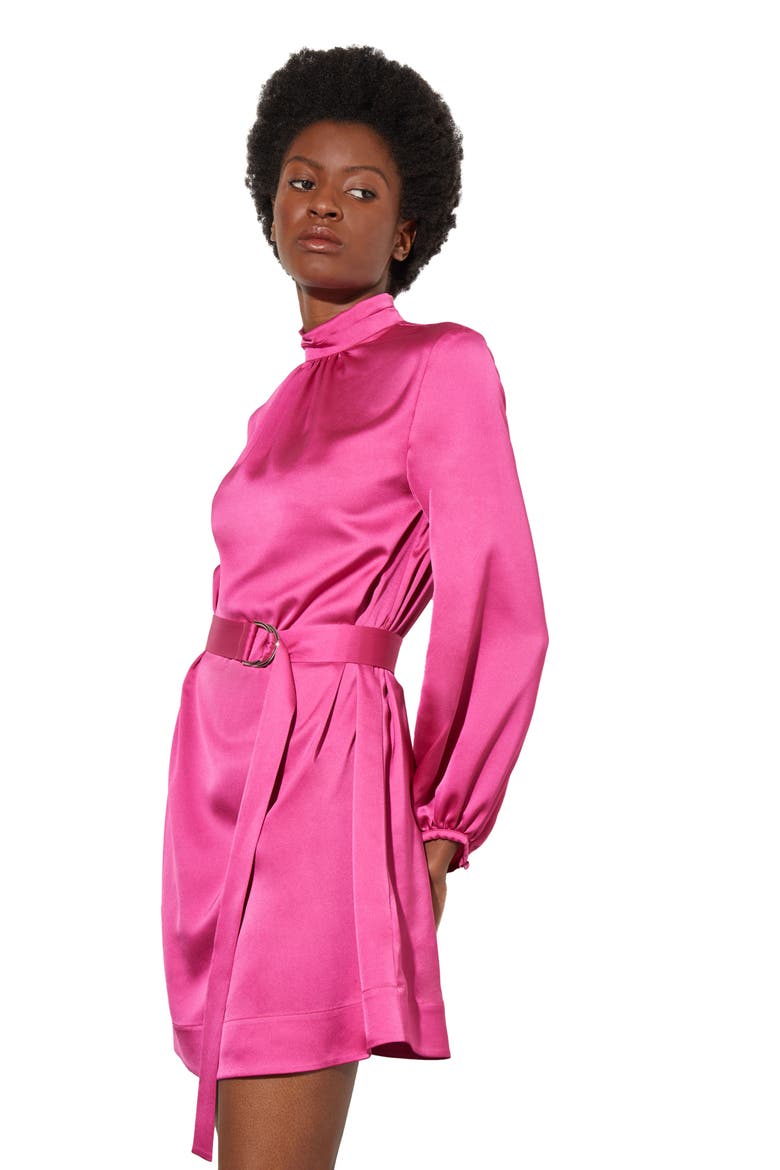 Belted Long Sleeve Satin Minidress, Alternate, color, MULBERRY