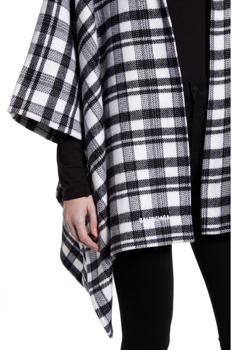 Tartan Plaid Hooded Wool Poncho, Alternate, color, BLACK/ IVORY