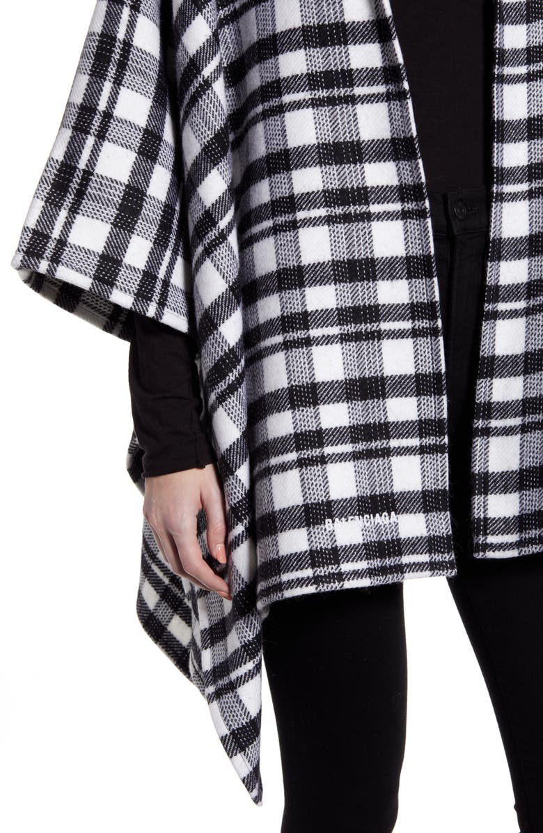 Balenciaga Tartan Plaid Hooded Wool Poncho, Alternate, color, Black/ Ivory