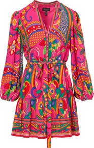 Adrianna Papell Print Tie Waist Long Sleeve Dress
