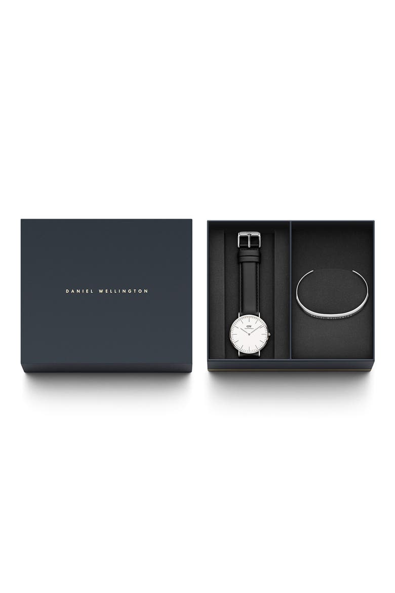 Classic Sheffield Leather Strap Watch & Cuff Bracelet Set, 40mm, Main, color, STAINLESS STEEL