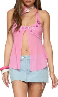 EDIKTED Floral Sequin Split Chiffon Halter Top