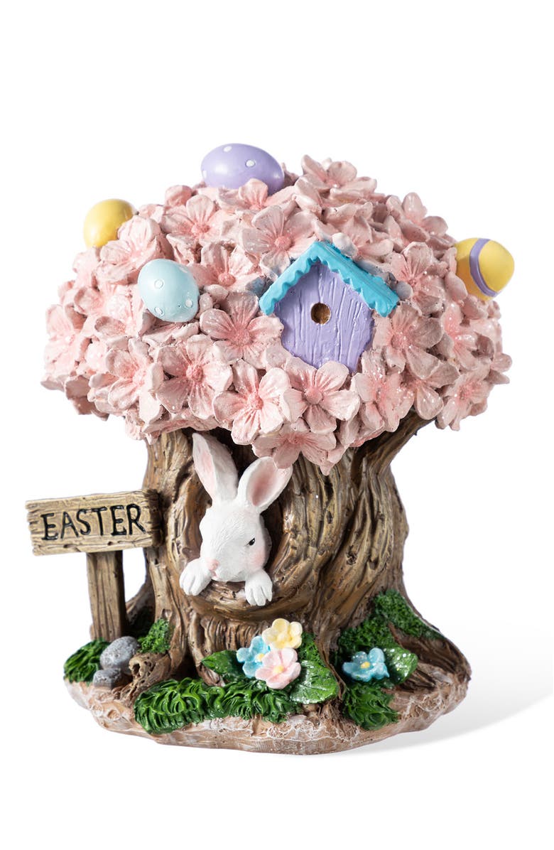 Glitzhome Easter Resin Bunny & Pink Blossoms Table Decor, Main, color, Pink
