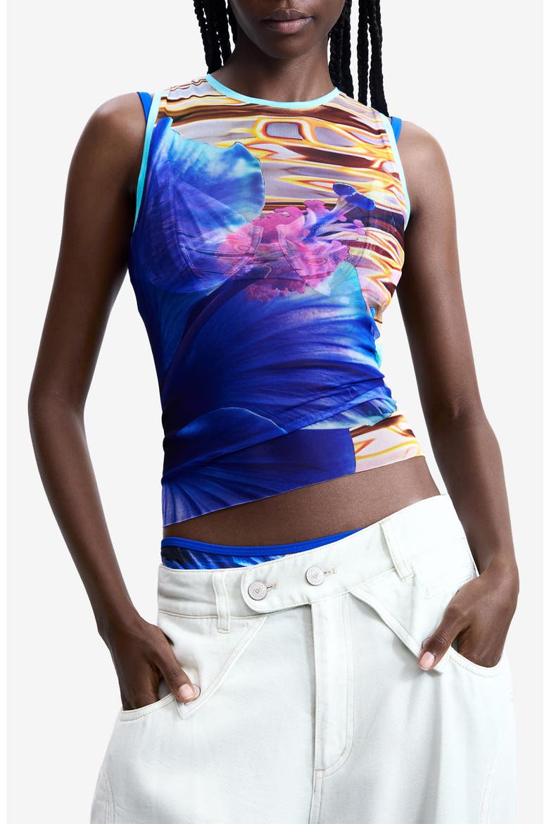 Print Sleeveless Mesh T-Shirt, Main, color, BLUE