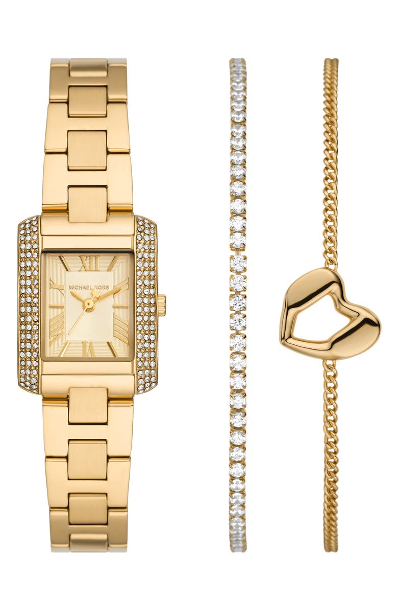 Michael Kors Emery Crystal Quartz Bracelet Watch & 2 Chain Bracelets Set, 22mm, Main, color, Gold