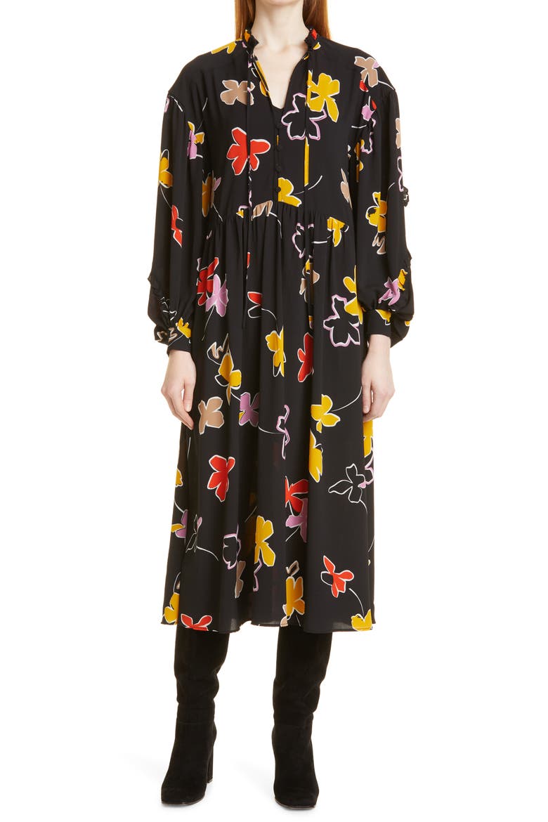 Yviee Chuck Ruffle Long Sleeve Floral Midi Dress, Main, color, BLACK