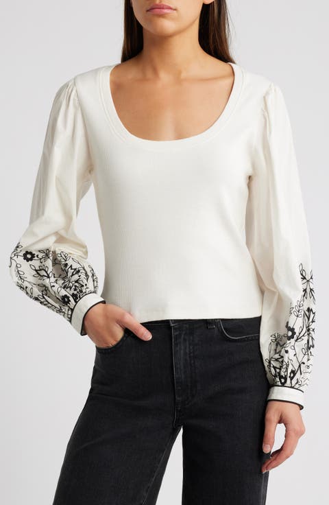 Ruthie Embroidered Mix Media Balloon Sleeve Top