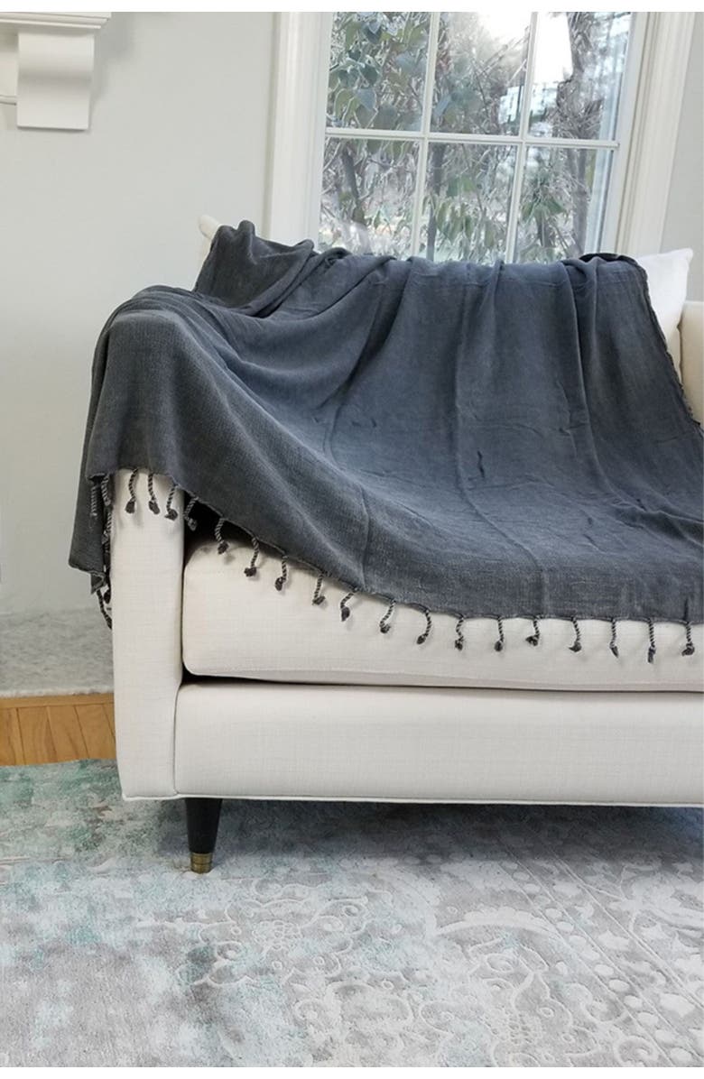 InfuseZen Stonewashed Organic Small Turkish Throw Blanket, Alternate, color, Faded Black