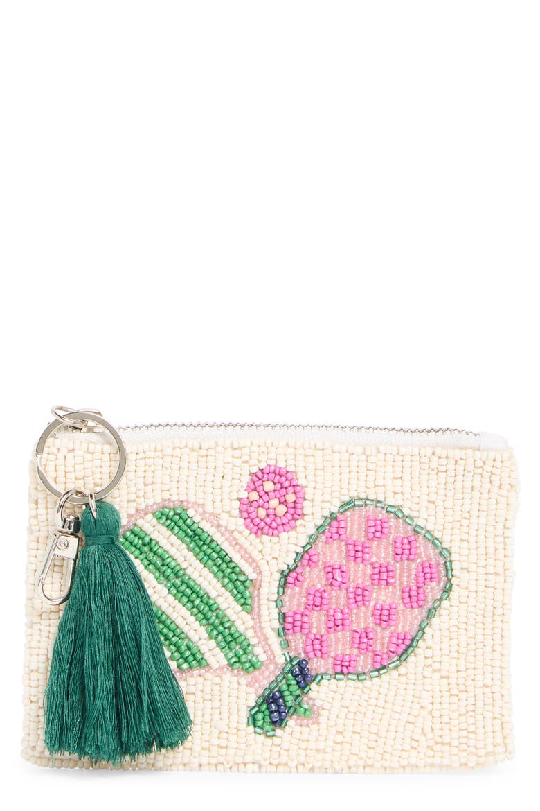 Pickle Ball Beaded Coin Pouch, Main, color, IVORY