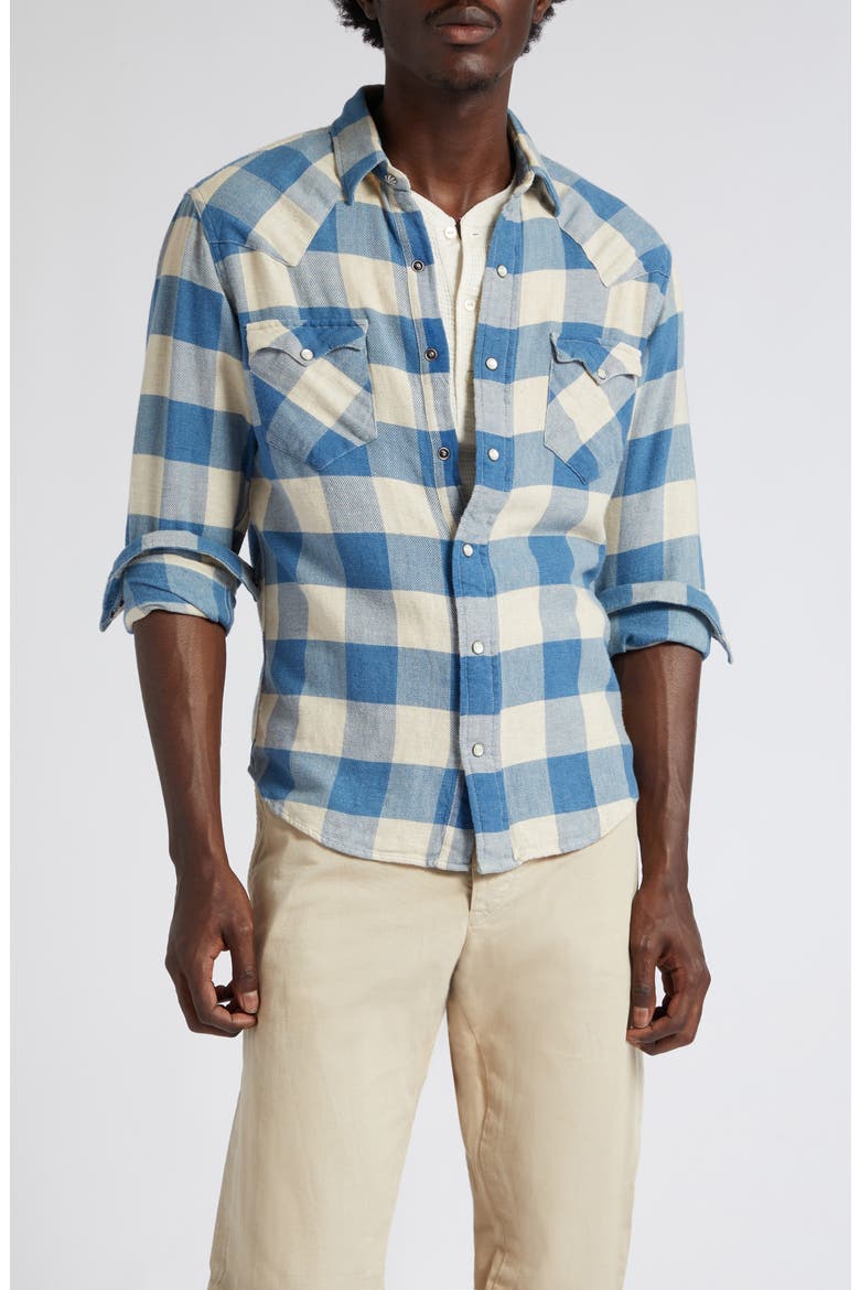 Double RL Slim Fit Buffalo Plaid Cotton & Linen Twill Western Snap