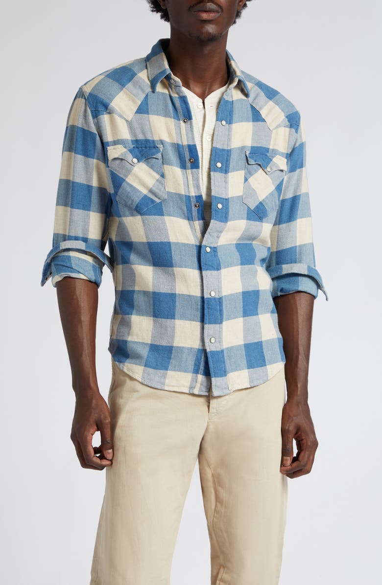 Double RL Slim Fit Buffalo Plaid Cotton & Linen Twill Western Snap-Up Shirt, Main, color,