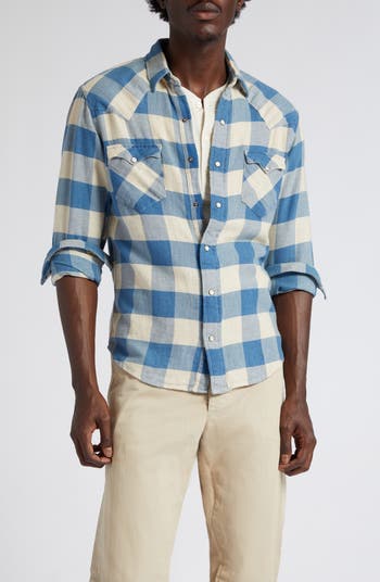 Double RL Slim Fit Buffalo Plaid Cotton & Linen Twill Western Snap