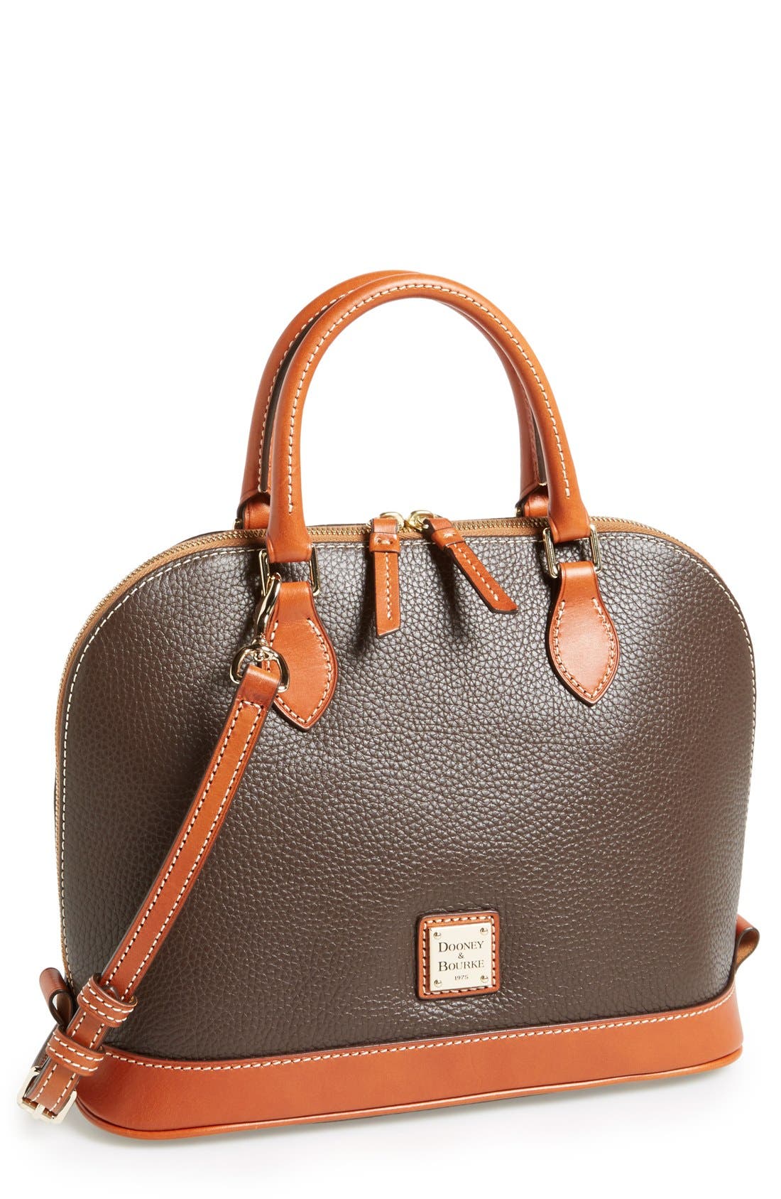 'Pebble Grain Collection' Water Repellent Leather Zip Satchel, Main, color, CHOCOLATE