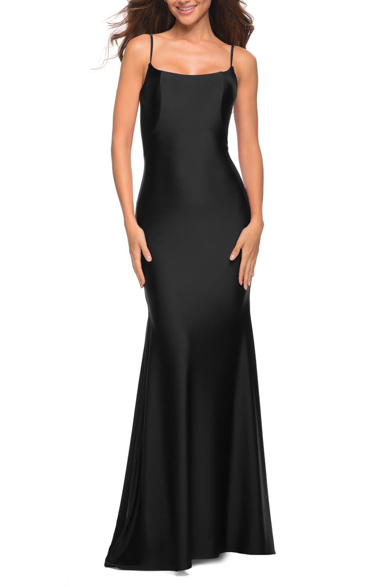 La Femme Sleeveless Jersey Gown with Train, Main, color, 