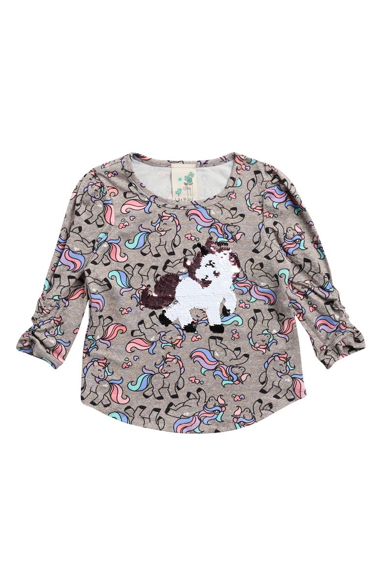 Lily Bleu Sequin Unicorn Long Sleeve T-Shirt, Main, color, Heather Grey