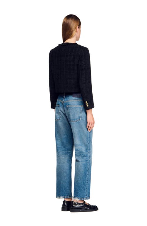 Sandro Ruffled Tweed Jacket In Black