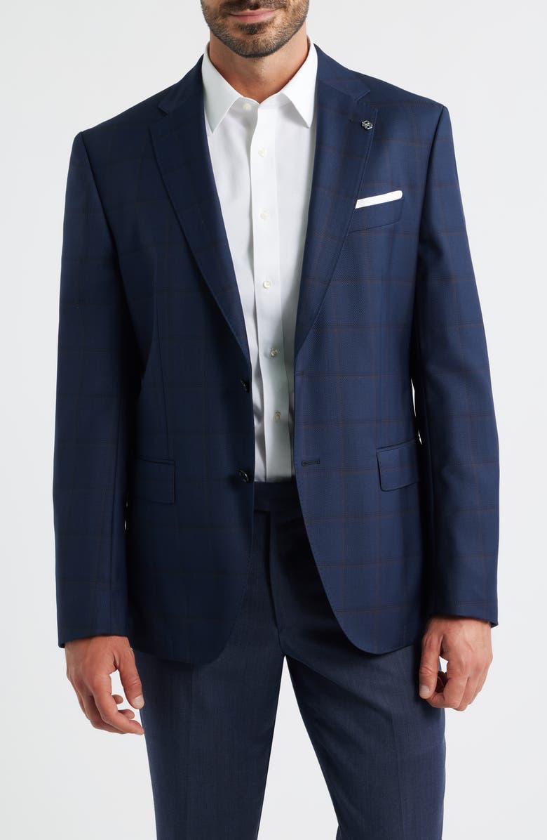 BOSS Hutson Slim Fit Navy Windowpane Check Wool Sport Coat, Main, color, Dark Blue