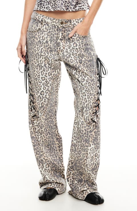 Dollhouse Lace-Up Striaght Leg Jeans (Leopard Fade)