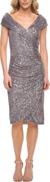 La Femme Off the Shoulder Sequin Short Evening Dress with Ruching