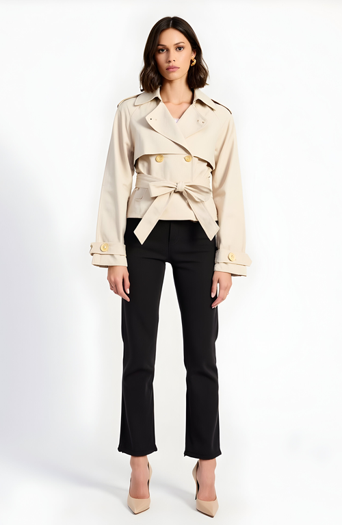 Modenaire Cropped Double-breasted Trench Jacket With Waist Tie In Neutral