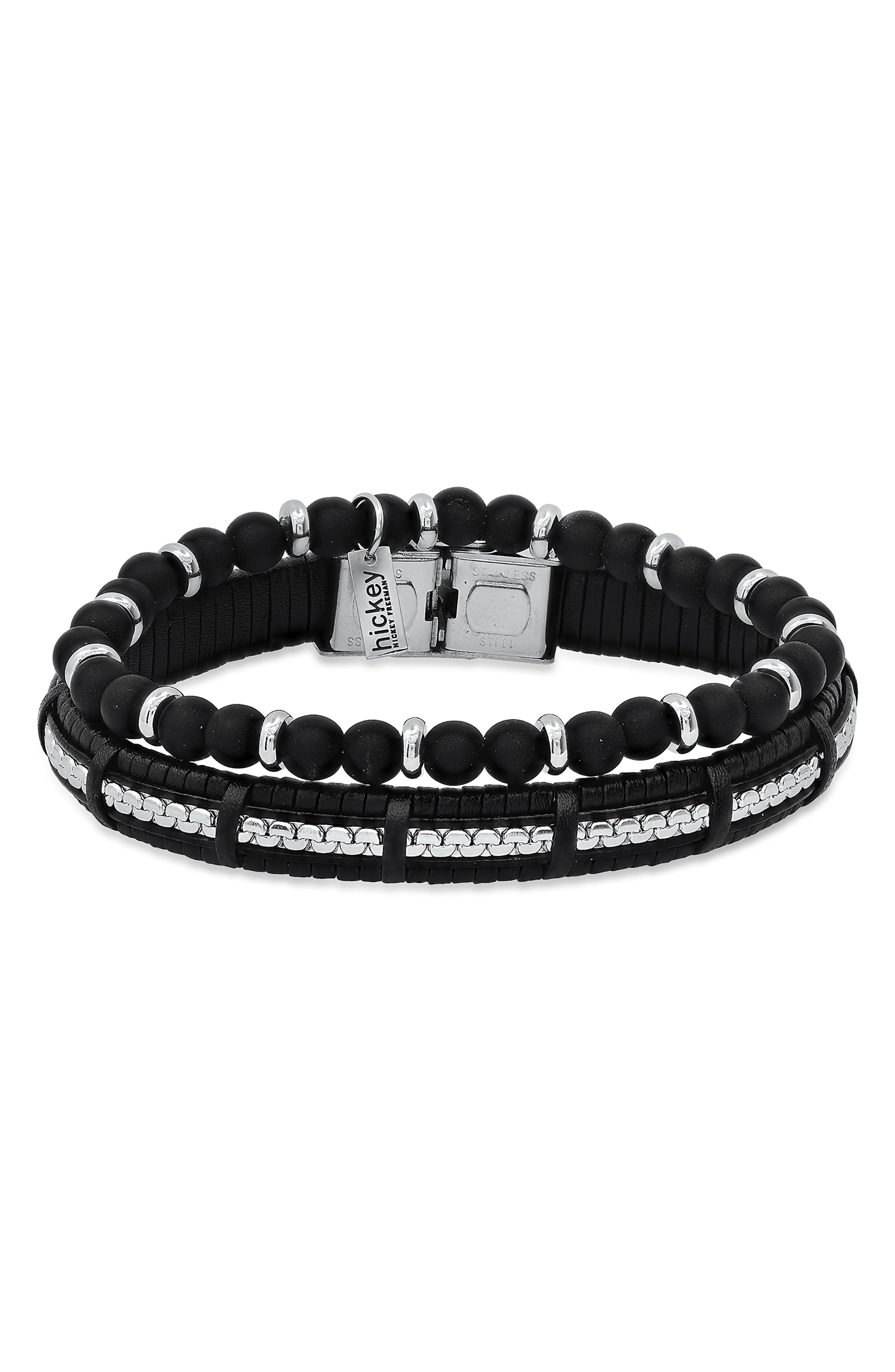 HMY JEWELRY Men's Beaded Stainless Steel & Leather Bracelet Duo