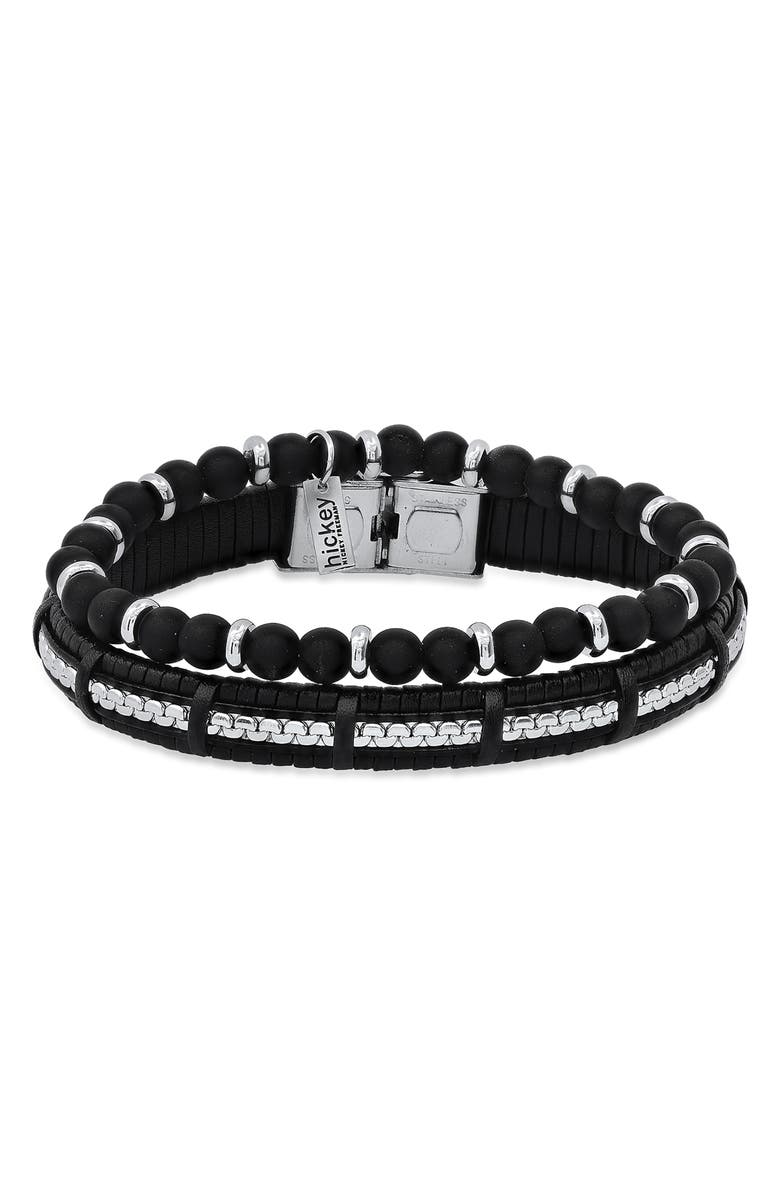 HMY JEWELRY Men's Beaded Stainless Steel & Leather Bracelet Duo, Main, color, Steel/ Black