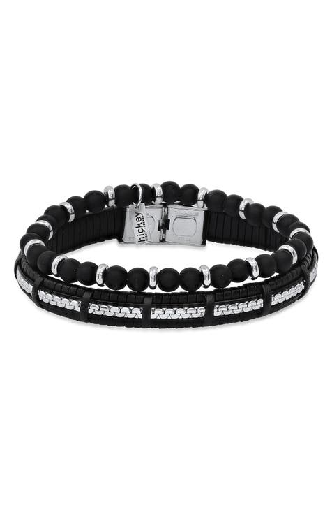 Men's Beaded Stainless Steel & Leather Bracelet Duo