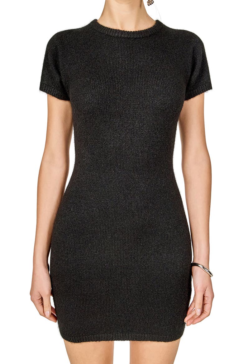 Fuzzy Short Sleeve Sweater Minidress, Alternate, color, BLACK