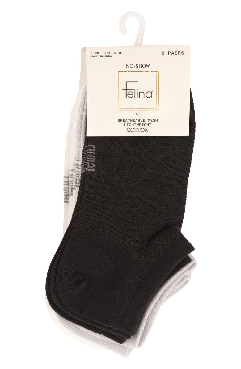 Felina Assorted 6-Pack Textured mesh No Show Socks, Alternate, color, Black/ Grey/ White