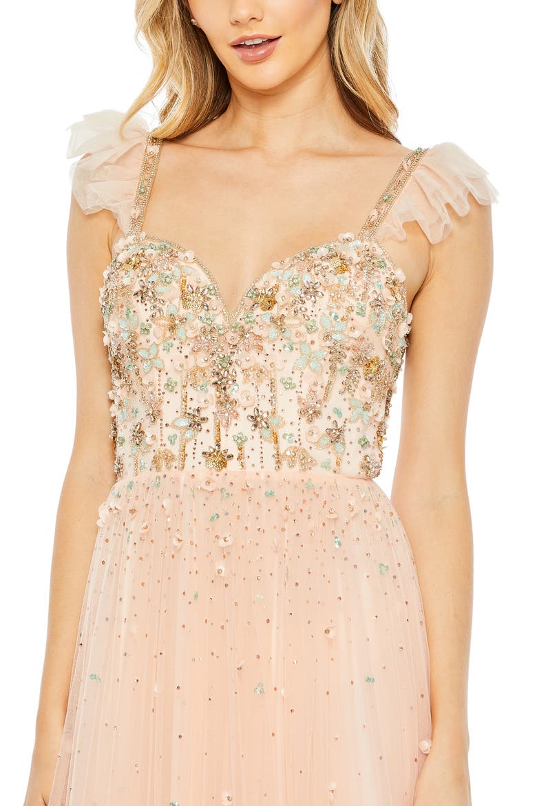 Sequin Bodice Tiered Ruffle Chiffon A-Line Gown, Alternate, color, APRICOT