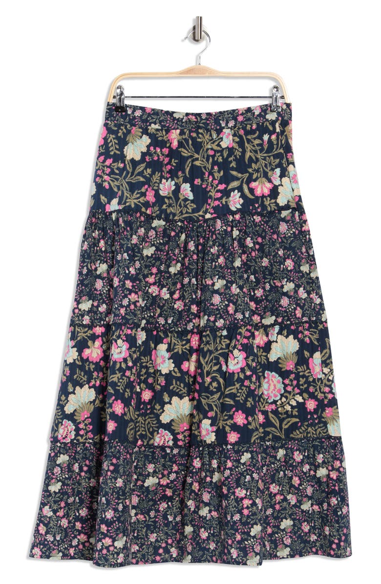 Ellen Tracy Floral Tiered Cotton Challis Skirt, Alternate, color, Pink Cottage Floral