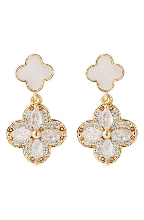Mother-of-Pearl & Crystal Flower Drop Earrings