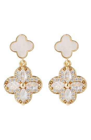 Adornia 14k Gold Plated Mother Of Pearl And Cz Clover Drop Earrings In Gold