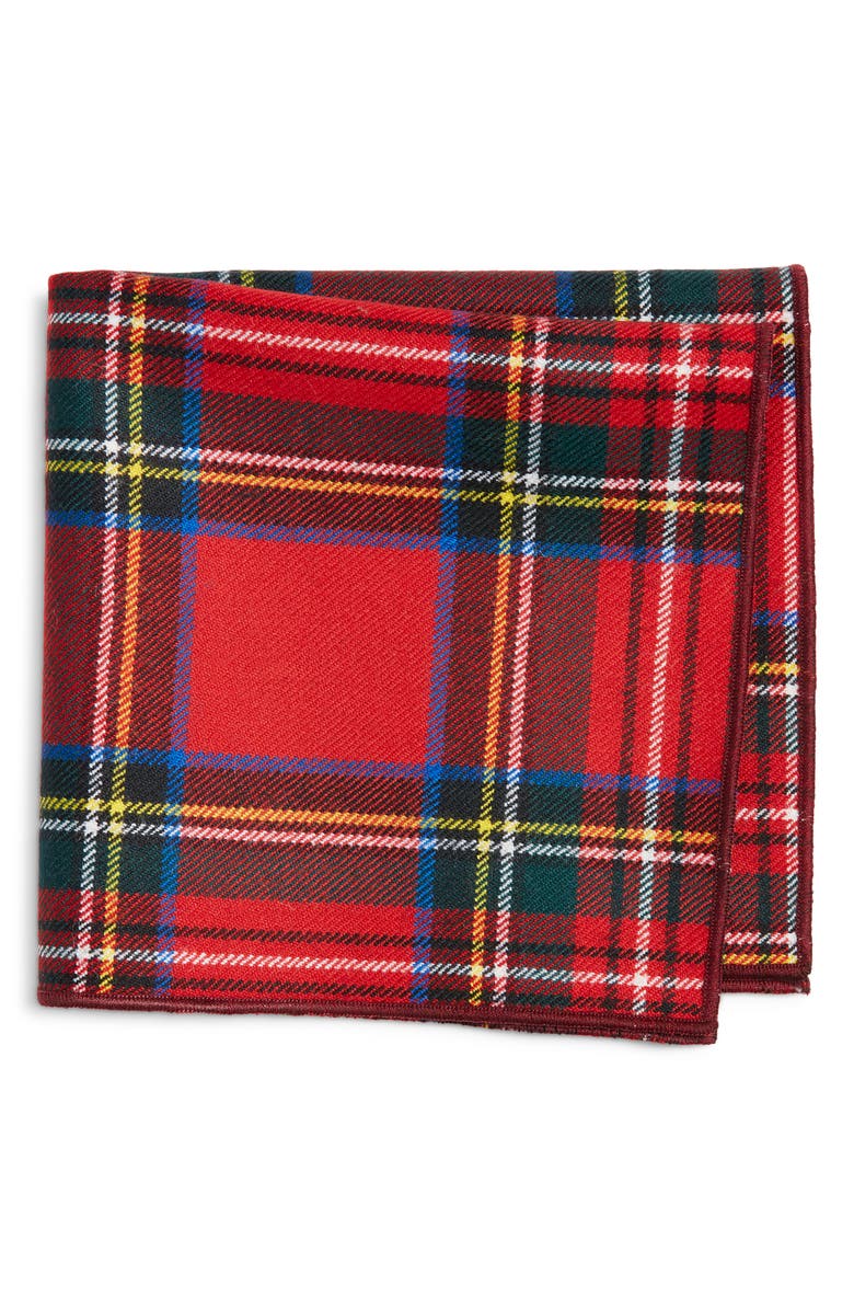 CLIFTON WILSON Red Tartan Plaid Wool Pocket Square, Main, color, Red