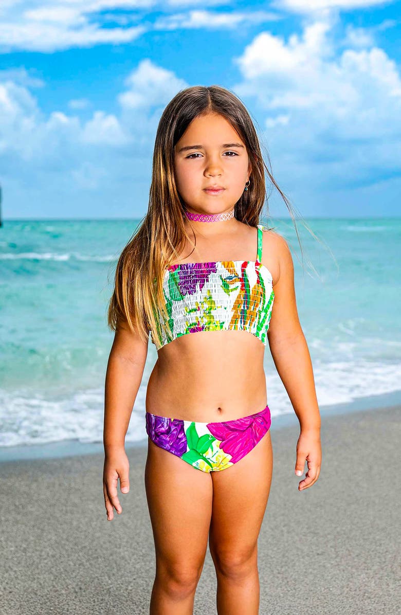 Limeapple Floral Printed Smocked Bikini, Alternate, color, Purple Multicolor