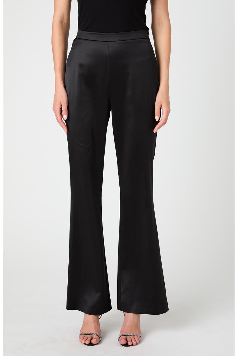 Maelys Stretch Satin Flare Trousers, Main, color, BLACK