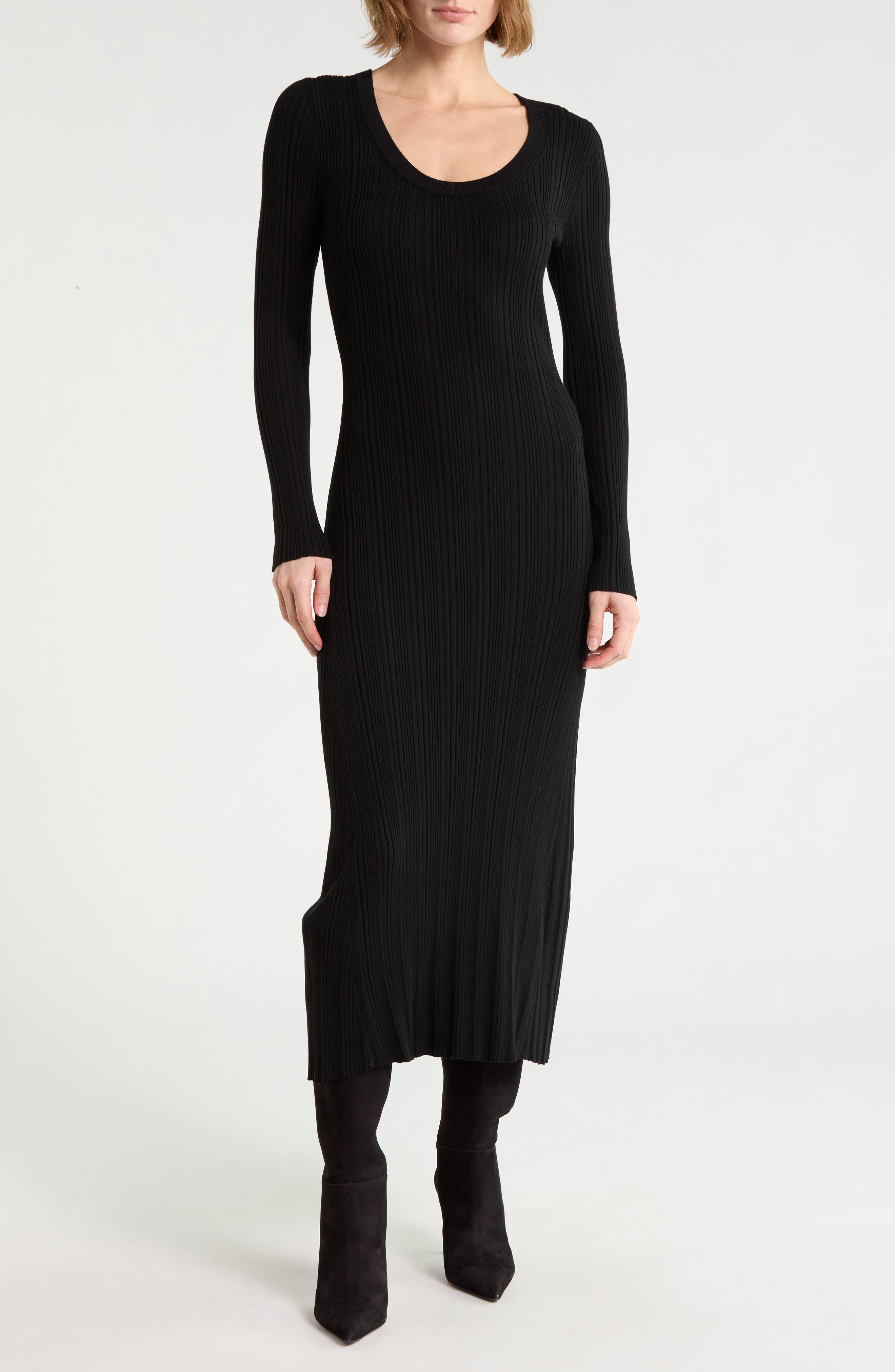 Ribbed Scoop Neck Long Sleeve Midi Dress