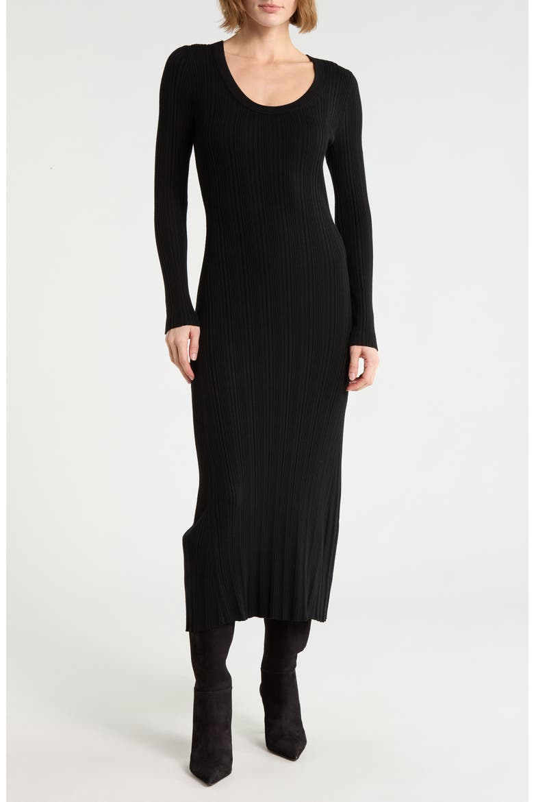 Ribbed Scoop Neck Long Sleeve Midi Dress, Main, color, BLACK