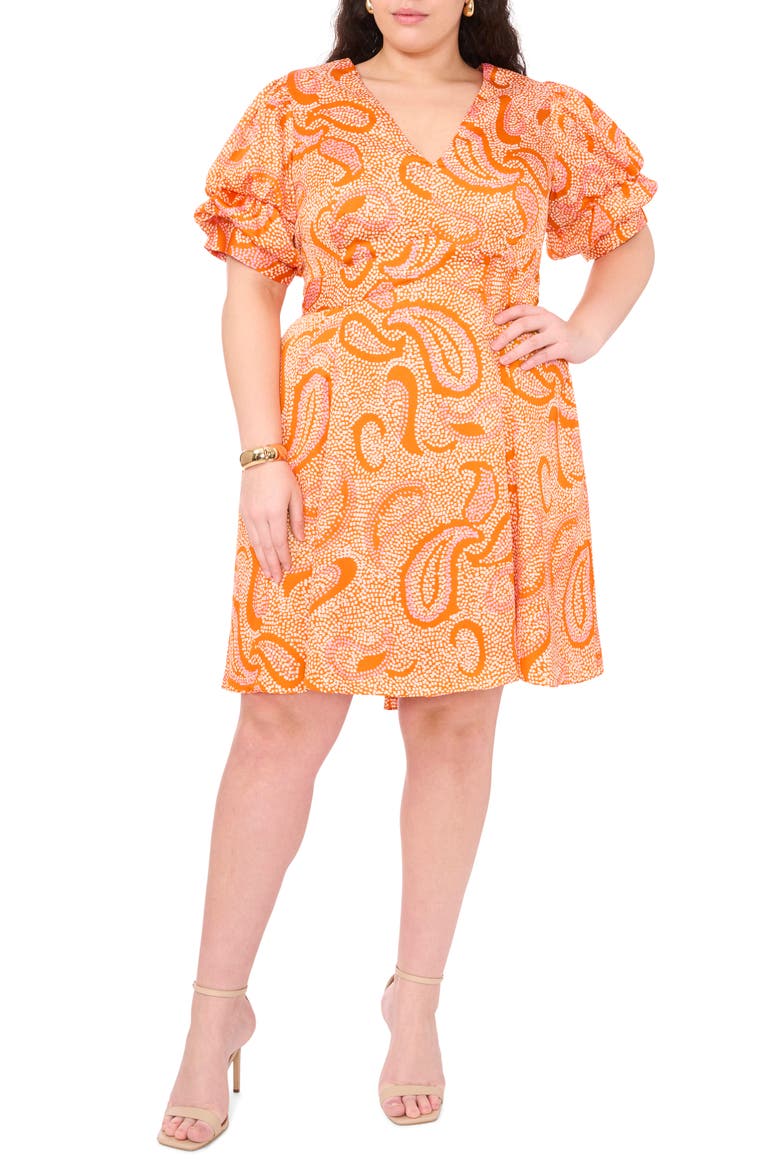 Puff Sleeve Fit & Flare Dress, Main, color, RUSSET ORANGE
