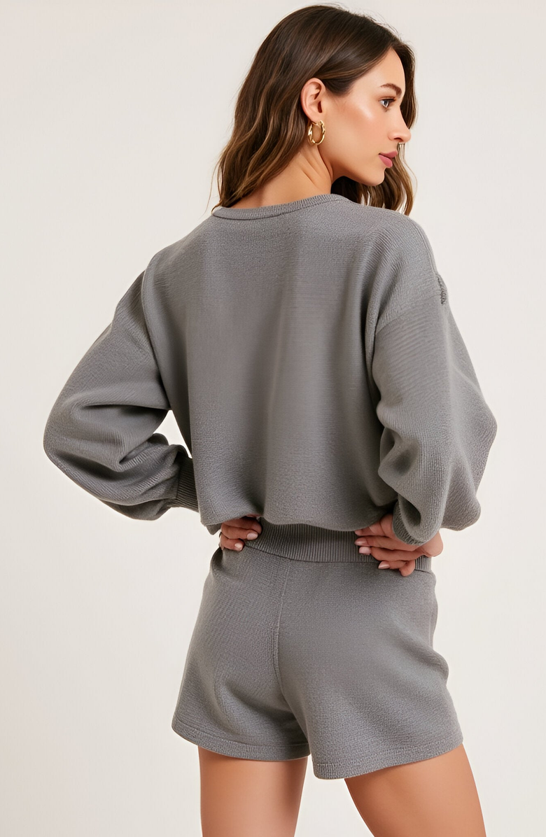 Modenaire Balloon Sleeve Knit Pullover and Drawstring Shorts Lounge Set, Alternate, color, Grey