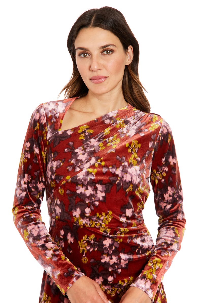 London Times Floral Long Sleeve Ruched Asymmetric Velour Dress, Alternate, color, Red Multi