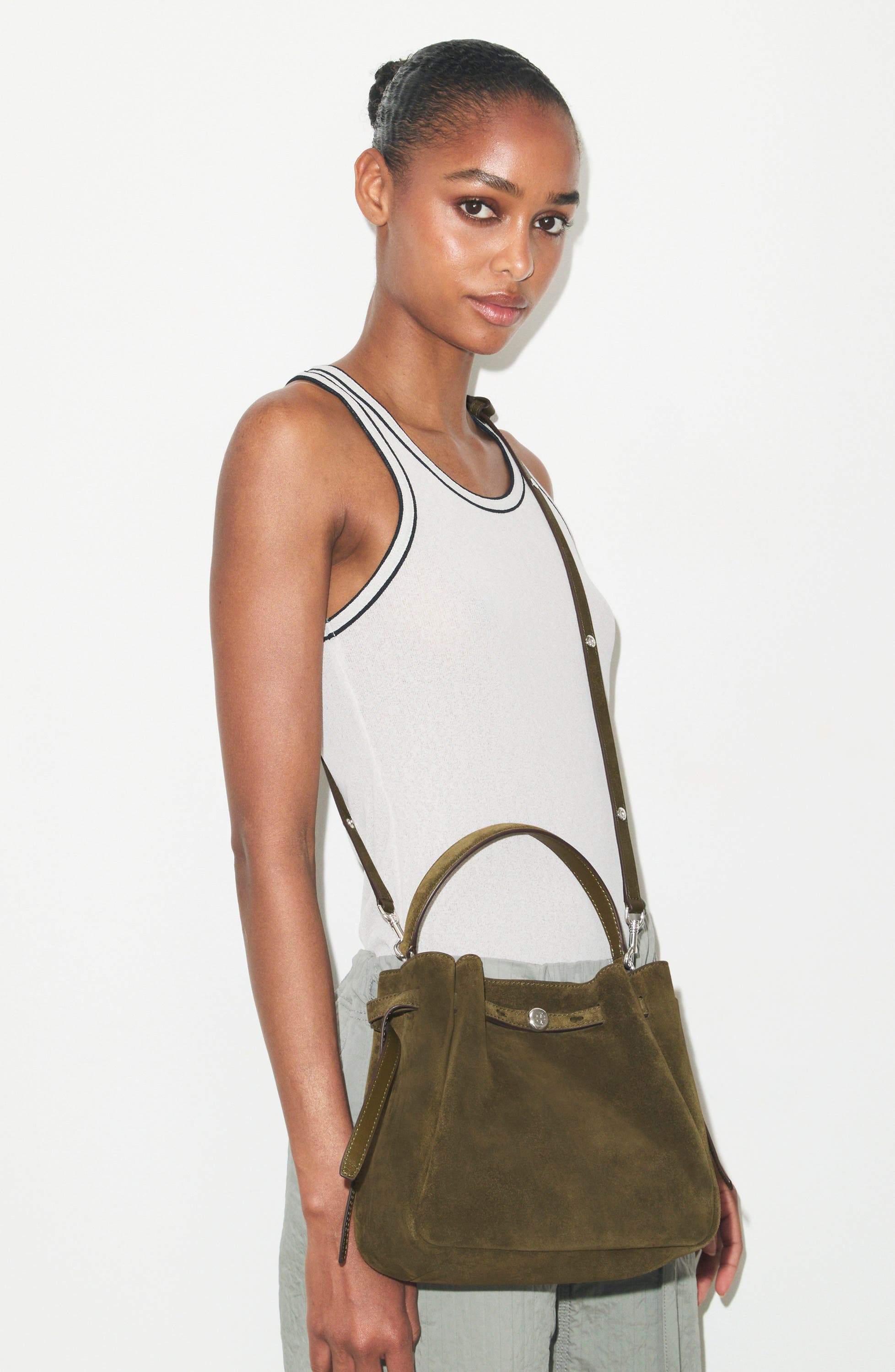 Romy Suede Bucket Bag, Alternate, color, LECCIO