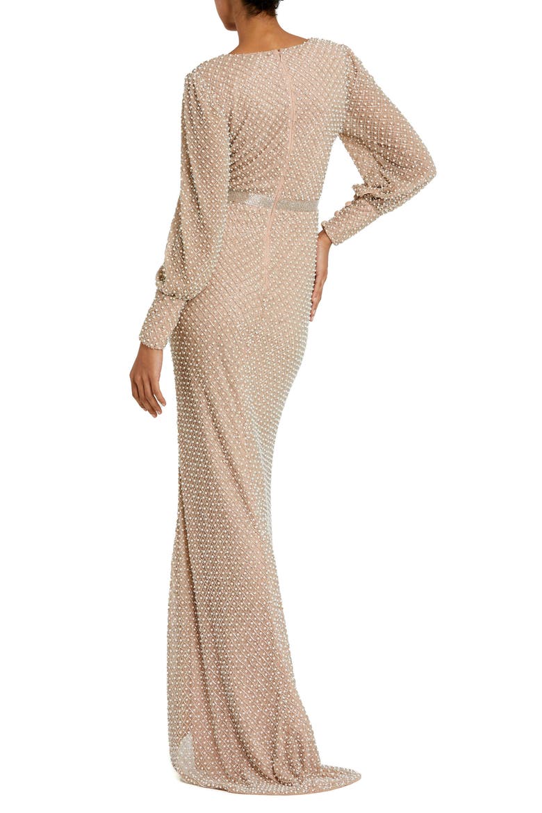 Wrap Over Bishop Sleeve Pearl Beaded Gown, Alternate, color, IVORY BEIGE