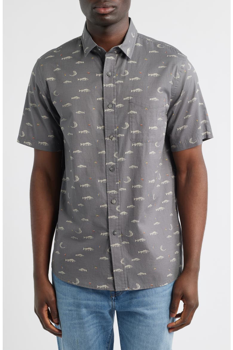 Shoreline Short Sleeve Cotton Button-Up Shirt, Main, color, FISH GREY